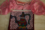 Kuna Indian Traditional Quilted Mola Blouse Panel from San Blas Islands, Panama. Hand Stitched Folk Art Applique: Colorful Tea  Kettle Motif in Labyrinth Maze 13" x 11" (2B)