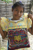 Kuna Indian Traditional Quilted Mola Blouse Panel from San Blas Islands, Panama. Hand Stitched Folk Art Applique: Colorful Tea  Kettle Motif in Labyrinth Maze 13" x 11" (2B)