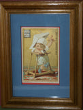 EPHEMERA AMERICANA WHIMSICAL ART: 1800's FRAMED ANTIQUE VICTORIAN ADVERTISING TRADE CARD: MILK-MAID BRAND SOLDIER TOT (DFPO1P) CUTE BABY BOY DESIGNER COLLECTOR COLLECTIBLE WALL DÉCOR UNIQUE