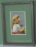 EPHEMERA AMERICANA WHIMSICAL ART: 1800's FRAMED ANTIQUE VICTORIAN ADVERTISING TRADE CARD: NIAGARA STARCH, GIRL PRAYING (DFPO1Z) HAND PAINTED VINTAGE FRAME DESIGNER COLLECTOR COLLECTIBLE WALL DÉCOR UNIQUE