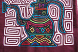 Kuna Indian Traditional Quilted Mola Blouse Panel from San Blas Islands, Panama. Hand Stitched Folk Art Applique: Colorful Tea  Kettle Motif in Labyrinth Maze 13" x 11" (2A)