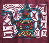 Kuna Indian Traditional Quilted Mola Blouse Panel from San Blas Islands, Panama. Hand Stitched Folk Art Applique: Colorful Tea  Kettle Motif in Labyrinth Maze 13" x 11" (2A)