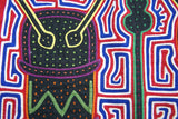 Kuna Indian Folk Art Mola Blouse Panel from  San Blas Islands, Panama. Hand-stitched Reverse Applique: Music Festival Percussion Drum Motif & Metronome  14" x 12" (1B) Labyrinth Background
