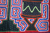 Kuna Indian Folk Art Mola Blouse Panel from  San Blas Islands, Panama. Hand-stitched Reverse Applique: Music Festival Percussion Drum Motif & Metronome  14" x 12" (1B) Labyrinth Background