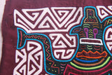 Kuna Indian Traditional Quilted Mola Blouse Panel from San Blas Islands, Panama. Hand Stitched Folk Art Applique: Colorful Tea  Kettle Motif in Labyrinth Maze 13" x 11" (2B)
