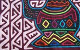 Kuna Indian Traditional Quilted Mola Blouse Panel from San Blas Islands, Panama. Hand Stitched Folk Art Applique: Colorful Tea  Kettle Motif in Labyrinth Maze 13" x 11" (2B)