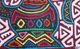 Kuna Indian Traditional Quilted Mola Blouse Panel from San Blas Islands, Panama. Hand Stitched Folk Art Applique: Colorful Tea  Kettle Motif in Labyrinth Maze 13" x 11" (2B)