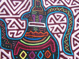 Kuna Indian Traditional Quilted Mola Blouse Panel from San Blas Islands, Panama. Hand Stitched Folk Art Applique: Colorful Tea  Kettle Motif in Labyrinth Maze 13" x 11" (2B)
