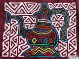 Kuna Indian Traditional Quilted Mola Blouse Panel from San Blas Islands, Panama. Hand Stitched Folk Art Applique: Colorful Tea  Kettle Motif in Labyrinth Maze 13" x 11" (2B)