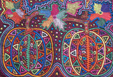 Kuna Indian Folk Art Mola Blouse Panel  from San Blas Island, Panama. Museum Quality Hand stitched Reverse Applique: Colorful Abstract, Detailed: Stunning Pumpkin Patch. 16” X 11.75” (38B)