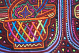 Kuna Indian Folk Art Mola Blouse Panel  from San Blas Island, Panama. Museum Quality Hand stitched Reverse Applique: Colorful  Abstract, Detailed, Stunning : Flowers in Baskets.  Huge 17 1/4” X 13” (21B)