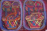 Kuna Indian Folk Art Mola Blouse Panel  from San Blas Island, Panama. Museum Quality Hand stitched Reverse Applique: Colorful  Abstract, Detailed, Stunning : Flowers in Baskets.  Huge 17 1/4” X 13” (21B)