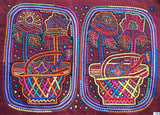 Kuna Indian Folk Art Mola Blouse Panel  from San Blas Island, Panama. Museum Quality Hand stitched Reverse Applique: Colorful  Abstract, Detailed, Stunning : Flowers in Baskets.  Huge 17 1/4” X 13” (21B)
