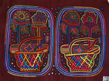 Kuna Indian Folk Art Mola Blouse Panel  from San Blas Island, Panama. Museum Quality Hand stitched Reverse Applique: Colorful  Abstract, Detailed, Stunning : Flowers in Baskets.  Huge 17 1/4” X 13” (21B)
