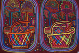 Kuna Indian Folk Art Mola Blouse Panel  from San Blas Island, Panama. Museum Quality Hand stitched Reverse Applique: Colorful  Abstract, Detailed, Stunning : Flowers in Baskets.  Huge 17 1/4” X 13” (21B)
