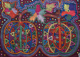 Kuna Indian Folk Art Mola Blouse Panel  from San Blas Island, Panama. Museum Quality Hand stitched Reverse Applique: Colorful Abstract, Detailed: Stunning Pumpkin Patch. 16” X 11.75” (38B)