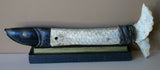 Vintage Timor Ethnic Authentic Tribal Lime Container (used during Betel Habit): Hand Etched Scrimshaw Scales on Buffalo Bone Large Fish Body with Mother Of Pearl Tail, Hand Carved Ebony Wood, comes with handcrafted base, gold and black BN43