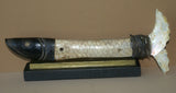 Vintage Timor Ethnic Authentic Tribal Lime Container (used during Betel Habit): Hand Etched Scrimshaw Scales on Buffalo Bone Large Fish Body with Mother Of Pearl Tail, Hand Carved Ebony Wood, comes with handcrafted base, gold and black BN43