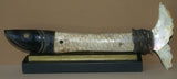 Vintage Timor Ethnic Authentic Tribal Lime Container (used during Betel Habit): Hand Etched Scrimshaw Scales on Buffalo Bone Large Fish Body with Mother Of Pearl Tail, Hand Carved Ebony Wood, comes with handcrafted base, gold and black BN43