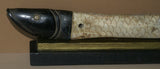 Vintage Timor Ethnic Authentic Tribal Lime Container (used during Betel Habit): Hand Etched Scrimshaw Scales on Buffalo Bone Large Fish Body with Mother Of Pearl Tail, Hand Carved Ebony Wood, comes with handcrafted base, gold and black BN43