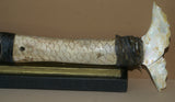 Vintage Timor Ethnic Authentic Tribal Lime Container (used during Betel Habit): Hand Etched Scrimshaw Scales on Buffalo Bone Large Fish Body with Mother Of Pearl Tail, Hand Carved Ebony Wood, comes with handcrafted base, gold and black BN43