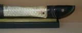 Vintage Timor Ethnic Authentic Tribal Lime Container (used during Betel Habit): Hand Etched Scrimshaw Scales on Buffalo Bone Large Fish Body with Mother Of Pearl Tail, Hand Carved Ebony Wood, comes with handcrafted base, gold and black BN43
