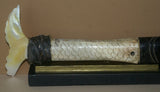 Vintage Timor Ethnic Authentic Tribal Lime Container (used during Betel Habit): Hand Etched Scrimshaw Scales on Buffalo Bone Large Fish Body with Mother Of Pearl Tail, Hand Carved Ebony Wood, comes with handcrafted base, gold and black BN43
