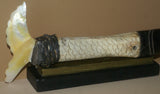 Vintage Timor Ethnic Authentic Tribal Lime Container (used during Betel Habit): Hand Etched Scrimshaw Scales on Buffalo Bone Large Fish Body with Mother Of Pearl Tail, Hand Carved Ebony Wood, comes with handcrafted base, gold and black BN43