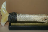 Vintage Timor Ethnic Authentic Tribal Lime Container (used during Betel Habit): Hand Etched Scrimshaw Scales on Buffalo Bone Large Fish Body with Mother Of Pearl Tail, Hand Carved Ebony Wood, comes with handcrafted base, gold and black BN43