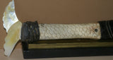 Vintage Timor Ethnic Authentic Tribal Lime Container (used during Betel Habit): Hand Etched Scrimshaw Scales on Buffalo Bone Large Fish Body with Mother Of Pearl Tail, Hand Carved Ebony Wood, comes with handcrafted base, gold and black BN43