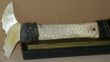 Vintage Timor Ethnic Authentic Tribal Lime Container (used during Betel Habit): Hand Etched Scrimshaw Scales on Buffalo Bone Large Fish Body with Mother Of Pearl Tail, Hand Carved Ebony Wood, comes with handcrafted base, gold and black BN43