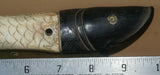 Vintage Timor Ethnic Authentic Tribal Lime Container (used during Betel Habit): Hand Etched Scrimshaw Scales on Buffalo Bone Large Fish Body with Mother Of Pearl Tail, Hand Carved Ebony Wood, comes with handcrafted base, gold and black BN43