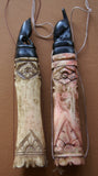 Timor Ethnic Tribal Lime Container ( used during Betel Habit), Unique Vintage Hand Carved Buffalo Bone receptacles: Choice between 2 pieces with Scrimshaw bone motifs, and hand Carved ebony Turtle stopper BN14