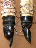Timor Ethnic Tribal Lime Container ( used during Betel Habit), Unique Vintage Hand Carved Buffalo Bone receptacles: Choice between 2 pieces with Scrimshaw bone motifs, and hand Carved ebony Turtle stopper BN14