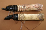 Timor Ethnic Tribal Lime Container ( used during Betel Habit), Unique Vintage Hand Carved Buffalo Bone receptacles: Choice between 2 pieces with Scrimshaw bone motifs, and hand Carved ebony Turtle stopper BN14
