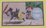 EPHEMERA AMERICANA WHIMSICAL ART: 1800's FRAMED ANTIQUE VICTORIAN ADVERTISING TRADE CARD: CLARK'S MILE, BOY PRANKSTER TRIPPING A MAN IN THE STREET (DFPO1K) QUITE UNIQUE ) COLLECTOR COLLECTIBLE WALL DÉCOR UNIQUE CHILD’S ROOM