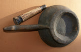 ANTIQUE 1800’s PRIMITIVE WOOD DISH WITH HANDLE IN THE SHAPE OF A BIRD’S HEAD: INCLUDED IS A BUFFALO BONE & WOOD POUNDER,  BOTH COLLECTED FROM A SHAMAN IN LOMBOK ISLAND, INDONESIA, 30 YEARS AGO, USED FOR BETEL HABIT & POTIONS.