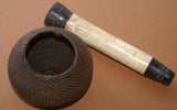 Older Ethnic one of a kind Basket with Incredible Minute Weave, a hand woven betel nut storage Container, including a Sirih Bone & wood Pounder, a Pestle called Pelacok, used to crush the betel nut, from Lombok, Lesser Sunda Islands, Indonesia