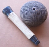 Older Ethnic one of a kind Basket with Incredible Minute Weave, a hand woven betel nut storage Container, including a Sirih Bone & wood Pounder, a Pestle called Pelacok, used to crush the betel nut, from Lombok, Lesser Sunda Islands, Indonesia