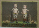 EPHEMERA AMERICANA WHIMSICAL ART: VERY RARE FRAMED VICTORIAN TRADE CARD: GERMAN COFFEE TOLEDO SPICE, WRESTLER BOXER BOYS IN RING BOXING (DFPO1L) 1800's DESIGNER COLLECTOR COLLECTIBLE WALL DÉCOR UNIQUE