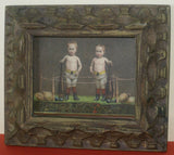 EPHEMERA AMERICANA WHIMSICAL ART: VERY RARE FRAMED VICTORIAN TRADE CARD: GERMAN COFFEE TOLEDO SPICE, WRESTLER BOXER BOYS IN RING BOXING (DFPO1L) 1800's DESIGNER COLLECTOR COLLECTIBLE WALL DÉCOR UNIQUE