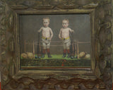 EPHEMERA AMERICANA WHIMSICAL ART: VERY RARE FRAMED VICTORIAN TRADE CARD: GERMAN COFFEE TOLEDO SPICE, WRESTLER BOXER BOYS IN RING BOXING (DFPO1L) 1800's DESIGNER COLLECTOR COLLECTIBLE WALL DÉCOR UNIQUE