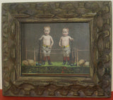 EPHEMERA AMERICANA WHIMSICAL ART: VERY RARE FRAMED VICTORIAN TRADE CARD: GERMAN COFFEE TOLEDO SPICE, WRESTLER BOXER BOYS IN RING BOXING (DFPO1L) 1800's DESIGNER COLLECTOR COLLECTIBLE WALL DÉCOR UNIQUE