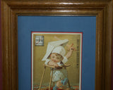 EPHEMERA AMERICANA WHIMSICAL ART: 1800's FRAMED ANTIQUE VICTORIAN ADVERTISING TRADE CARD: MILK-MAID BRAND SOLDIER TOT (DFPO1P) CUTE BABY BOY DESIGNER COLLECTOR COLLECTIBLE WALL DÉCOR UNIQUE