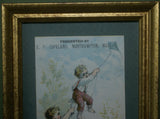 EPHEMERA AMERICANA WHIMSICAL ART: 1800's FRAMED ANTIQUE VICTORIAN ADVERTISING TRADE CARD: CLARK'S O.N.T, BOYS FLYING A KITE (DFPO1Q) ADORABLE LITTLE KID DESIGNER COLLECTOR COLLECTIBLE WALL DÉCOR UNIQUE BOY’S ROOM