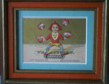RARE EPHEMERA AMERICANA WHIMSICAL ART: 1880's FRAMED VICTORIAN TRADE CARD: THURLOW GROCER, CIRCUS JUGGLER BOY, NEWBURYPORT (DFPO1U) VINTAGE FRAME DESIGNER COLLECTOR COLLECTIBLE DELIGHTFUL WALL DÉCOR UNIQUE