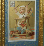 EPHEMERA AMERICANA WHIMSICAL ART: 1800's FRAMED ANTIQUE VICTORIAN ADVERTISING TRADE CARD: MILK-MAID BRAND DRUMMER KID (DFPO1Y) CUTE BABY FRAME HAND PAINTED BY ARTIST VINTAGE FRAME BABY ROOM DESIGNER COLLECTOR COLLECTIBLE WALL DÉCOR