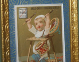 EPHEMERA AMERICANA WHIMSICAL ART: 1800's FRAMED ANTIQUE VICTORIAN ADVERTISING TRADE CARD: MILK-MAID BRAND DRUMMER KID (DFPO1Y) CUTE BABY FRAME HAND PAINTED BY ARTIST VINTAGE FRAME BABY ROOM DESIGNER COLLECTOR COLLECTIBLE WALL DÉCOR