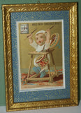EPHEMERA AMERICANA WHIMSICAL ART: 1800's FRAMED ANTIQUE VICTORIAN ADVERTISING TRADE CARD: MILK-MAID BRAND DRUMMER KID (DFPO1Y) CUTE BABY FRAME HAND PAINTED BY ARTIST VINTAGE FRAME BABY ROOM DESIGNER COLLECTOR COLLECTIBLE WALL DÉCOR