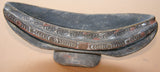BETEL HABIT PARAPHERNALIA: UNIQUE RARE OLDER POLYCHROME COASTAL RAMU RIVER BETEL MORTAR, HAND CARVED, UNUSUAL CANOE SHAPED WITH BASE, COLOR PIGMENTS, NICE PATINA, COLLECTED IN THE FIELD, NEW GUINEA, MID 20TH CENTURY. 8” LONG